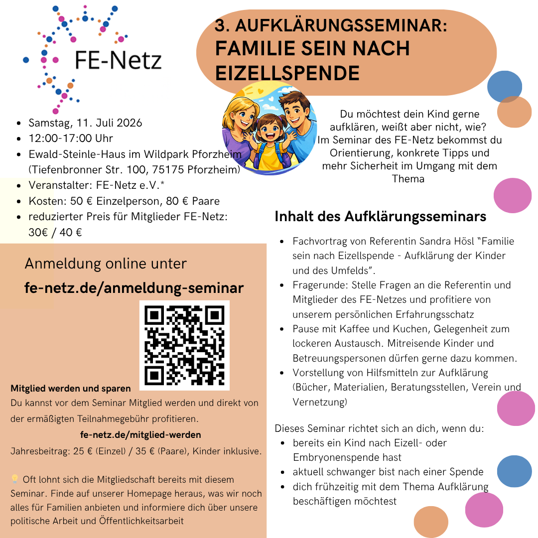 3. Aufklärungsseminar: Familie sein nach Eizellspende – FE-Netz, Samstag 11. Juli 2026, Pforzheim